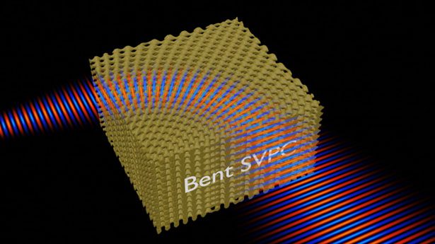 Tightest bend of an unguided optical bean using a spatially-variant photonic crystal